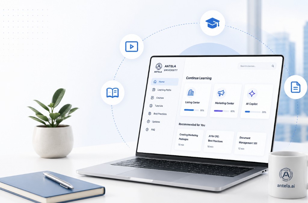 Antela University learning dashboard on a laptop in a modern office