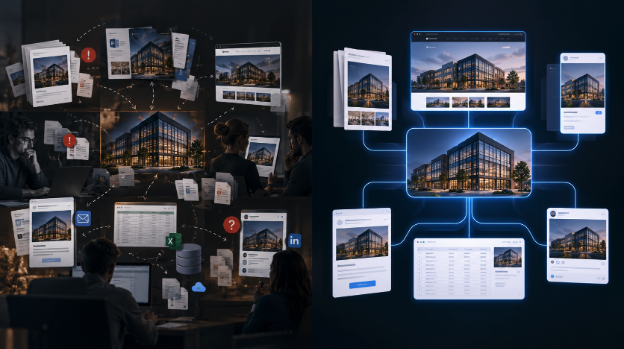 One property change in two operating models. On the left, the same listing branches into disconnected files, inboxes, spreadsheets, and handoffs. On the right, one shared property record flows into the OM, brochure, listing page, email, and social outputs.