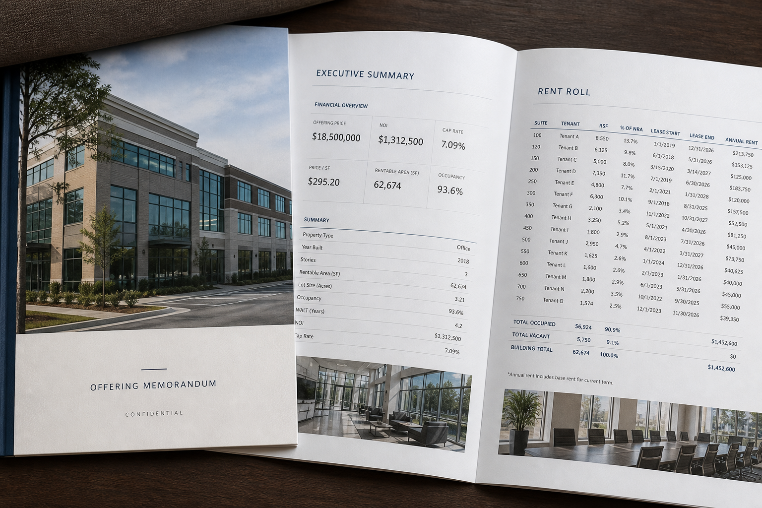 Sample offering memorandum pages showing cover, executive summary, and rent roll