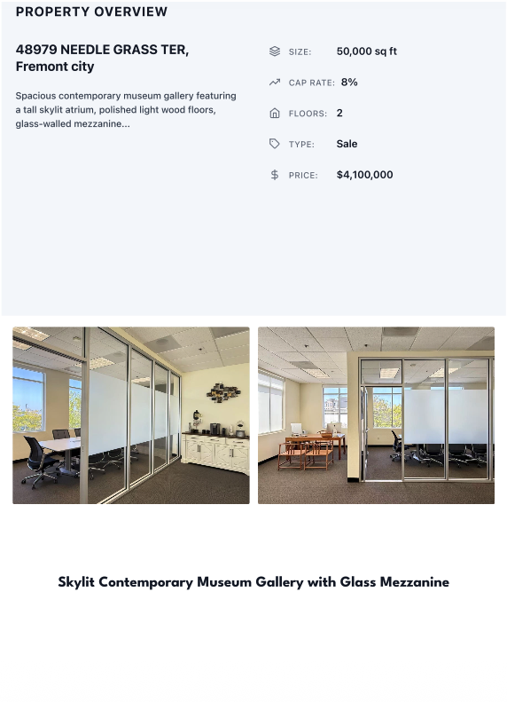 Interior pages with property details from a CRE package
