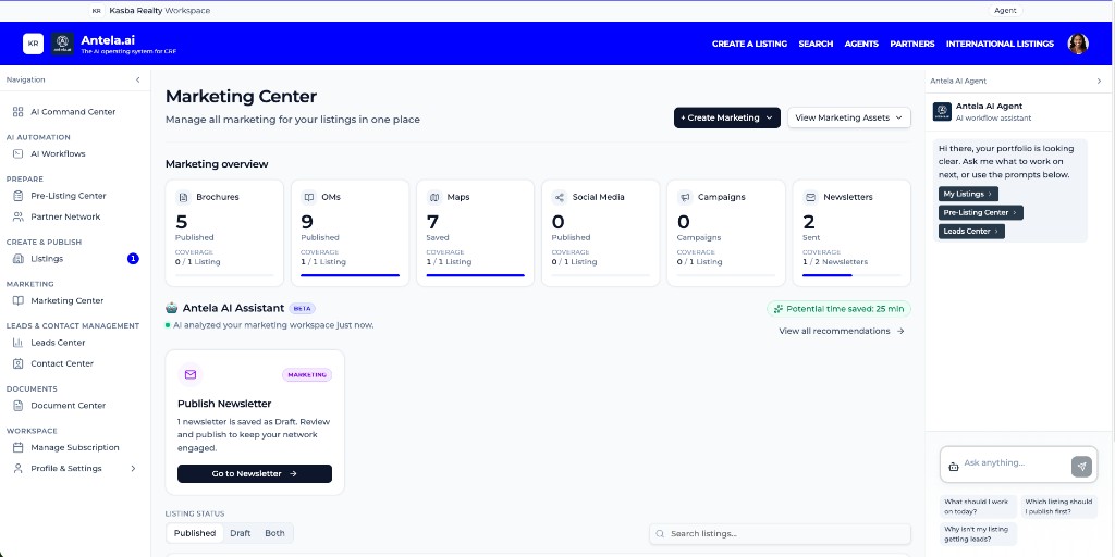 Antela Marketing Center — generate brochures, OMs, maps, and campaigns