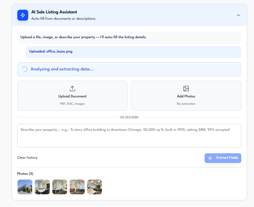 AI-assisted commercial listing creation from brochures and offering memorandums
