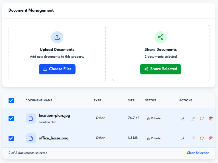 Commercial real estate document hub with secure deal packages and tagged files