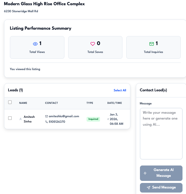 AI-scored commercial real estate lead inbox with inquiry and tour activity