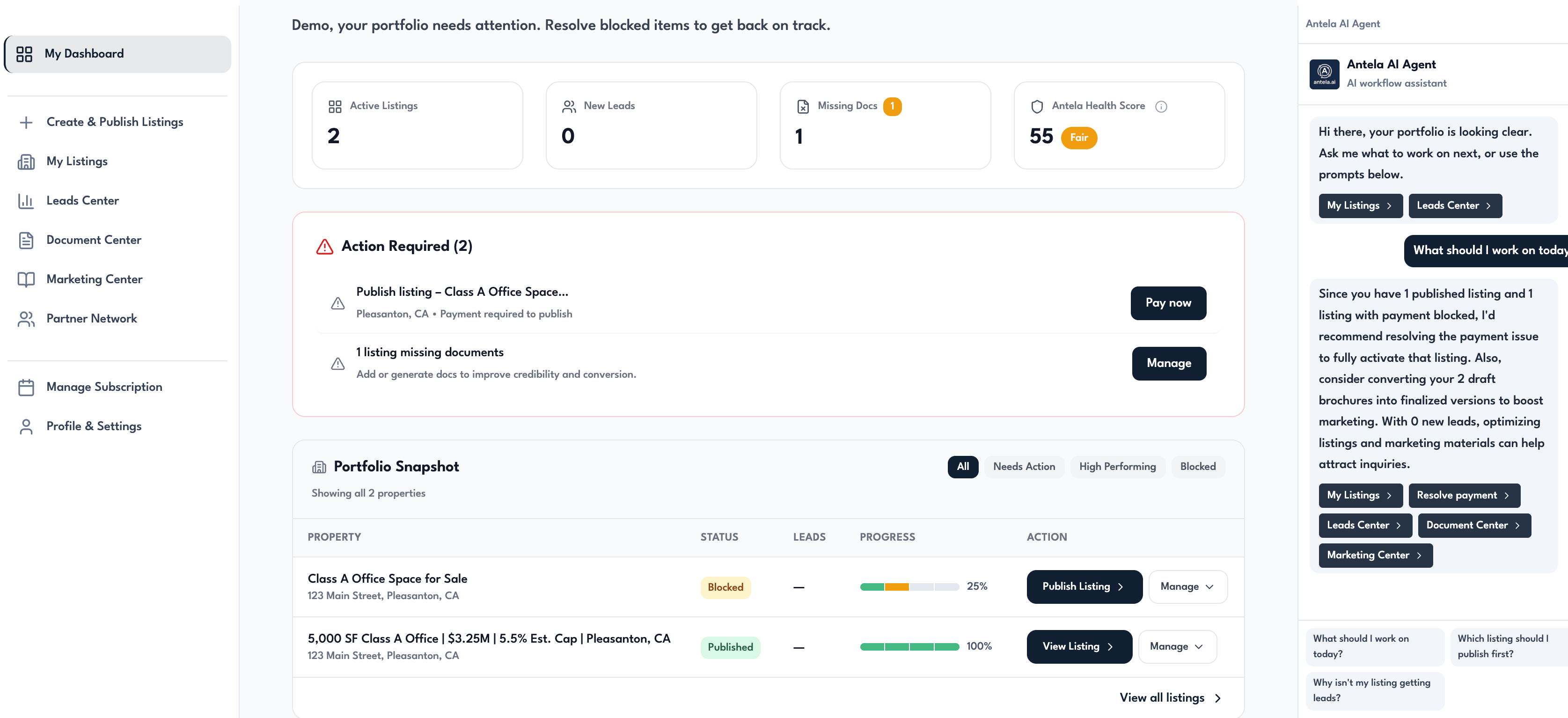Antela dashboard supporting CRE broker workflows